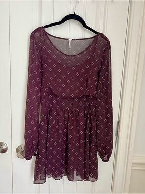 Free‎ People Baby Dee Mini Dress - Maroon Chiffon With Ditzy Floral Print size S